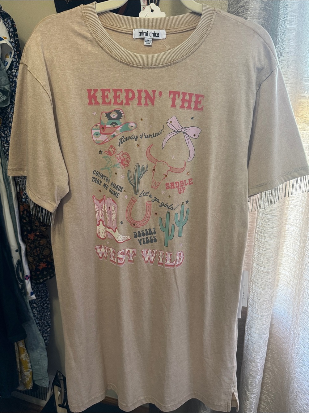 Mimi Chica Tan Graphic Short Sleeve Tee Dress with Western Motif
